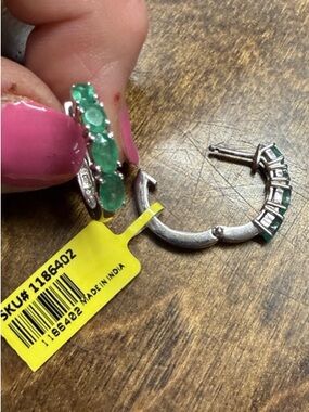 Silver Hoop Earrings with Green Gem Accents